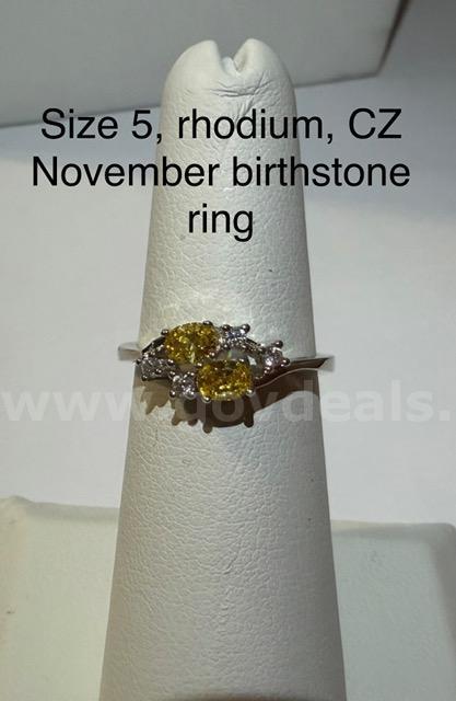 Gorgeous, Size 5, Rhodium Clad (Silver), CZ November Birthstone Ring W/Accents