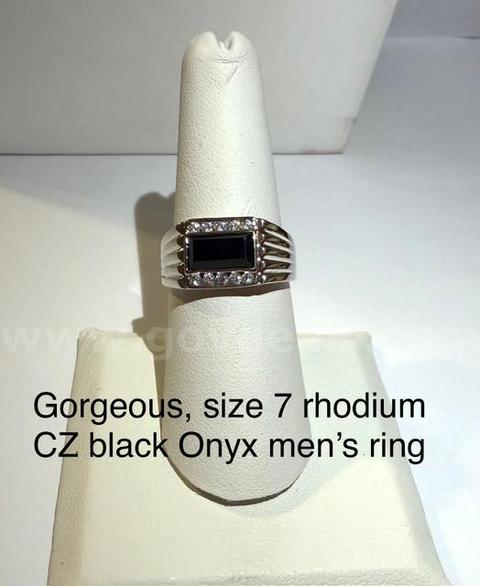 Gorgeous, Men's Rhodium Clad (Silver), Size 7, CZ Black Onyx Ring