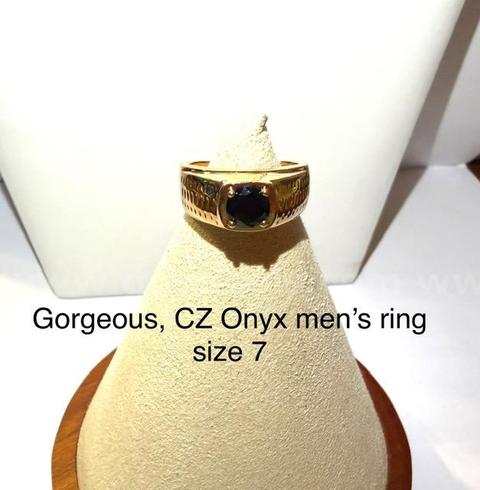 Gorgeous, Men's, Size 7, CZ Onyx Ring, 24k Real Gold Plated