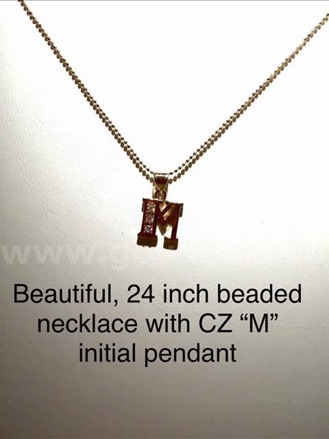 Beautiful, 24 Inch, Beaded Necklace W/CZ βMβ Initial Pendant, 24k Real Gold Filled