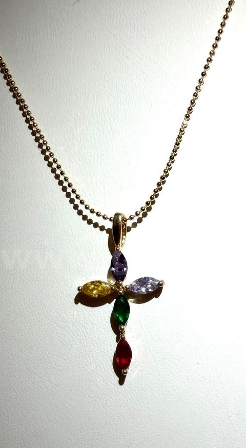 Beautiful, 22 Inch, Beaded Necklace, W/CZ Colored Stone Cross, 24k Real Gold Plated