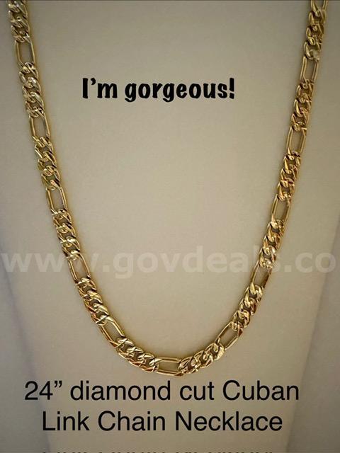 Gorgeous, 24 Inch, Diamond Cut Italian Figaro Chain Necklace, 24k Real Gold Plated