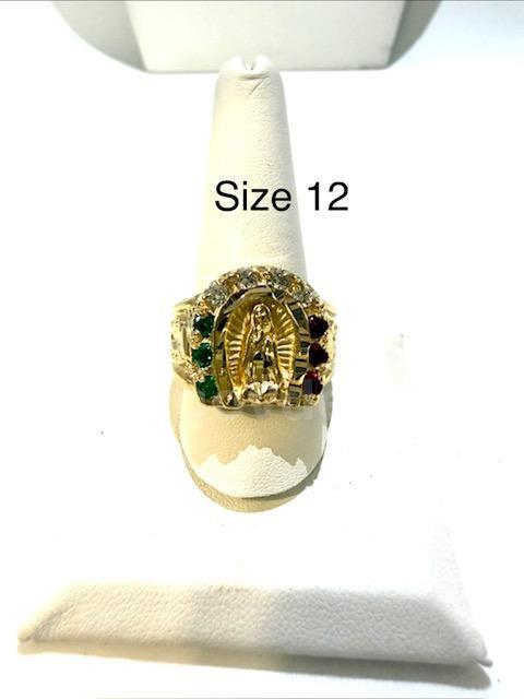 Gorgeous, Size 12, CZ, Ruby, and Emerald Lady of Guadalupe Men’s Ring, 24k Real Gold Plated