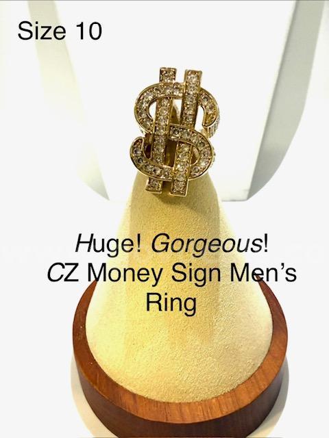Large, Men's, Bling CZ Money Sign Ring, Size 10, 24k Real Gold Plated