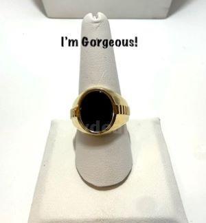 Gorgeous, Size 9 1/2, Men’s, 24k Real Gold Plated, CZ, Onyx Ring