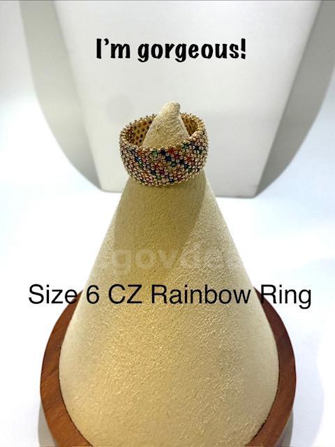 Gorgeous, Size 6, 24k Real Gold Plated, CZ Rainbow Wedding Band/Ring