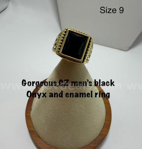 Gorgeous, Size 9, CZ Black Onyx Enamel Ring, Real 24k Gold Filled