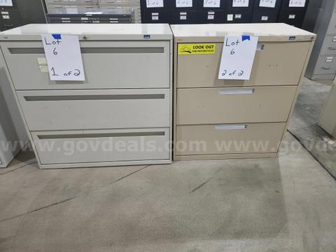 Lot of 2 - 3-Drawer Filing Cabinets (NO KEYS) 42"x41"x19" & 36"x40"x18"