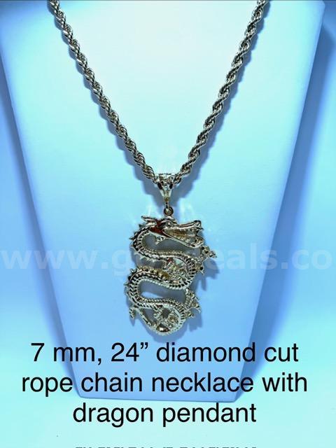 Large, 7MM, 24 " Diamond Cut Rope Chain Necklace w/Dragon Pendant, 24k Real Gold Filled
