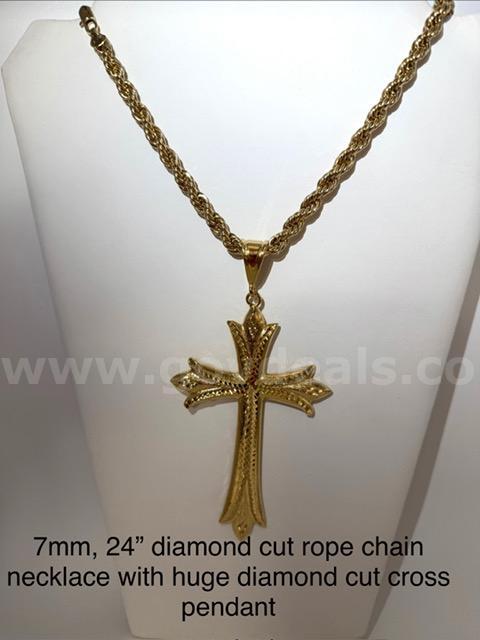 Large, 7MM, 24β, Diamond Cut Rope Chain, w/Cross Pendant, 24k Real Gold Filled