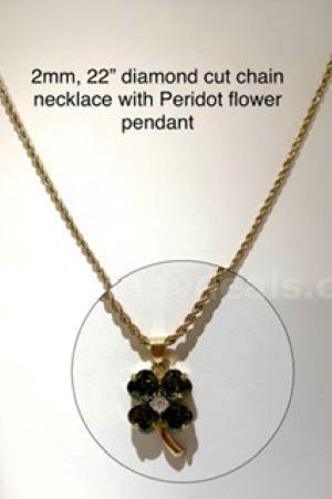 Gorgeous, 2MM, 22 " Rope Chain Necklace w/CZ Peridot Flower Pendant, Real 24k Gold Filled