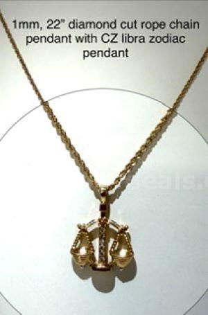 1MM, 22“, Diamond Cut Rope Chain Necklace, w/CZ Libra Zodiac Pendant, 24k Real Gold Filled
