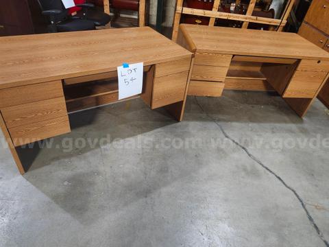 Lot of 2 - 6 Drawer Wood Veneer Desks (NO KEYS) - 60"x30"x30"