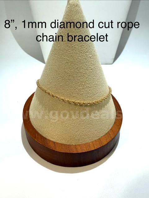 1MM, 8”, Diamond Cut Rope Chain Bracelet, 24k Real Gold Filled.