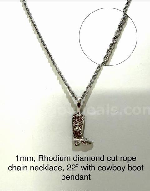 Beautiful, Rhodium Clad (Silver), 1MM, 22", Diamond Cut Rope Chain Necklace W/Cowboy Boot Pendant