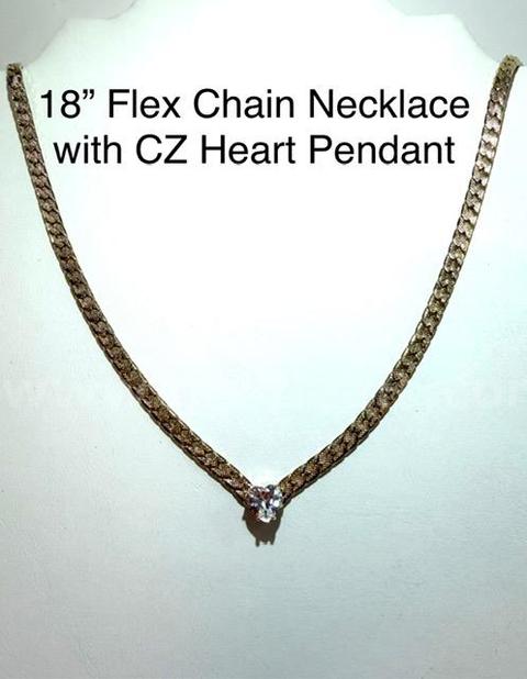 Gorgeous, 18 Inch, Flex Chain Necklace, W/2 Carat, CZ Heart Pendant Real 24k Gold Plated
