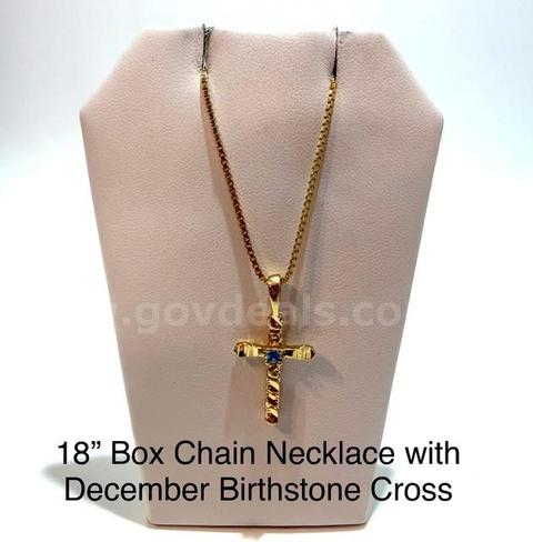 Beautiful, 18” Box Chain Necklace, W/December Birthstone CZ Cross, Real 24k Gold Filled