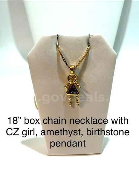 18 Inch, Box Chain Necklace, W/CZ Girl, Amethyst, Birthstone Pendant, Real 24k Gold Plated