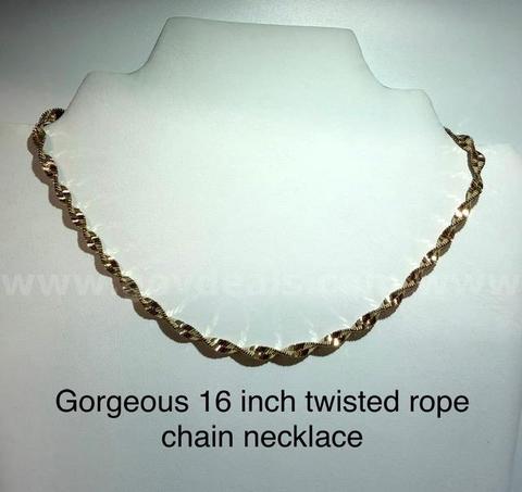 Gorgeous, 16 Inch, Twisted Rope Chain Necklace, Real 24k Gold Plated