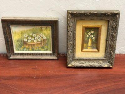 Set of 2, Very Small, Vintage Floral Paintings