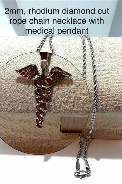 Beautiful, 18 Inch, Rhodium Clad (Silver), Diamond Cut Rope Chain Necklace, W/Medical Pendant