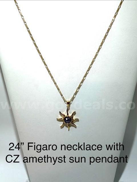 Beautiful, 24 Inch, Italian Figueroa Necklace W/CZ Amethyst Sunburst Pendant, Real 24k Gold Filled