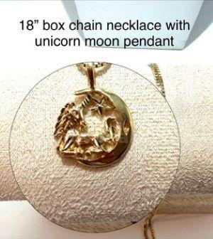 Unique, 18 Inch Box Chain Necklace, W/Unicorn Moon Pendant, Real 24k Gold Filled