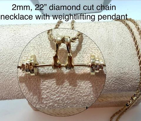 2MM, 22 Inch, Diamond Cut Rope Chain Necklace, W/Weightlifting Pendant, Real 24k Gold Filled