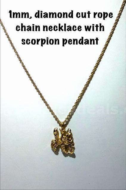 Attractive, 1MM, 18”, Diamond Cut, Rope Chain Necklace, W/Scorpion Pendant, Real 24k Gold Filled