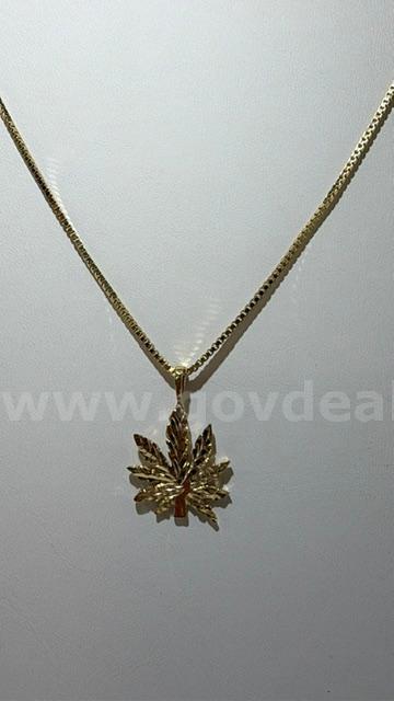Unique, 18 Inch, Box Chain Necklace, W/Marijuana Leaf Pendant, Real 24k Gold Filled