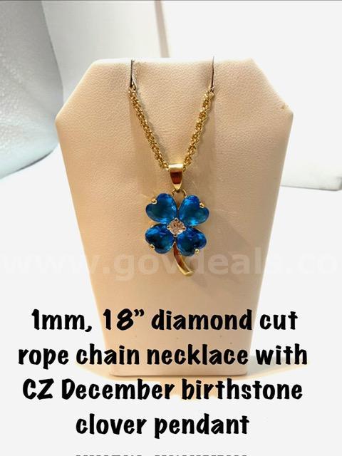 Gorgeous, 1MM, 18”, Diamond Cut Rope Chain Necklace, W/CZ December Clover Pendant, Real 24k Gold Filled