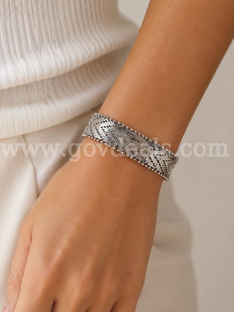 7”, Rhodium Clad (Silver) Wide Diamond-Cut Woven Mesh Bracelet with Chevron Pattern