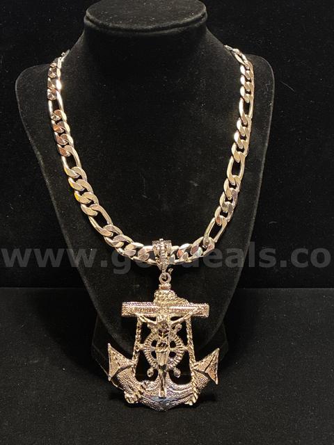 Beautiful Rhodium Clad (Silver), 18” Large Figaro Necklace W/XL Anchor Crucifix Pendant.