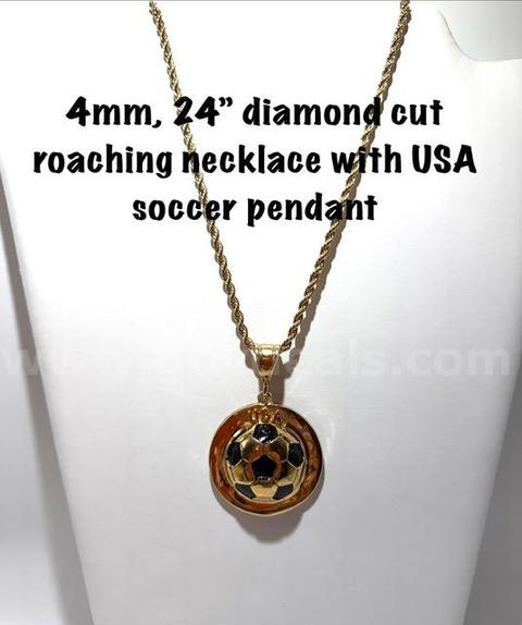 Gorgeous, 4MM, 24 Inch, Real 24k Gold Filled, Diamond Cut Rope Chain Necklace W/USA Soccer Pendant