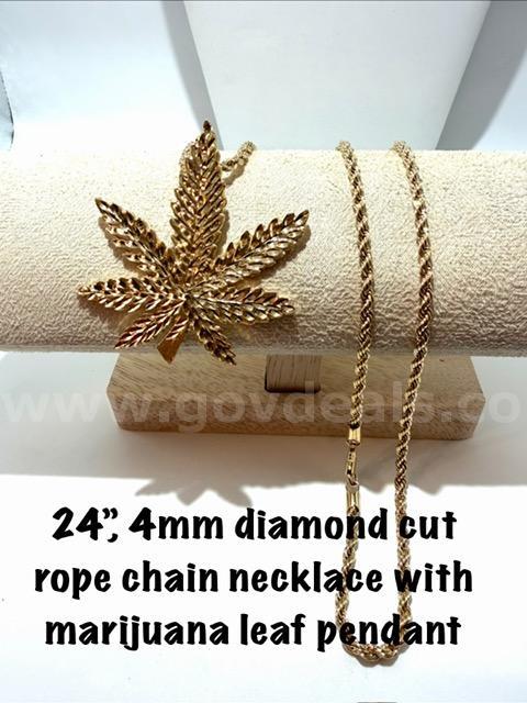 4MM, 24 Inch, Real 24k Gold Filled, Diamond Cut Rope Chain Necklace, W/Marijuana Pendant