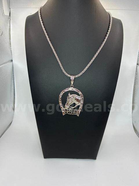 Beautiful Rhodium Clad (Silver), 23” Wheat Necklace W/Horse Head Pendant.