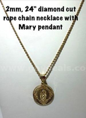 Beautiful, 2MM, 24 Inch, Real 24k Gold Filled, Diamond Cut Rope Chain Necklace, W/Mary Pendant