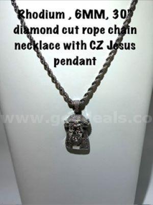 Gorgeous, Rhodium Clad (Silver), 6MM, 30 Inch, Diamond Cut Rope Chain, W/Multi-CZ, Jesus Pendant