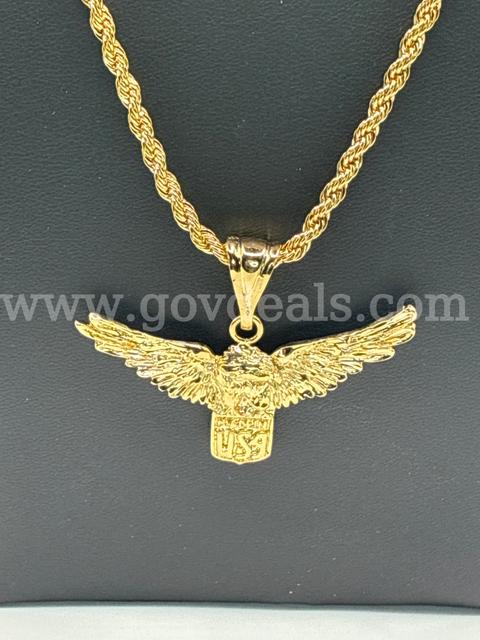 3MM, 22”, Diamond Cut Rope Chain Necklace w/ Eagle Pendant, Real 24k Gold Filled