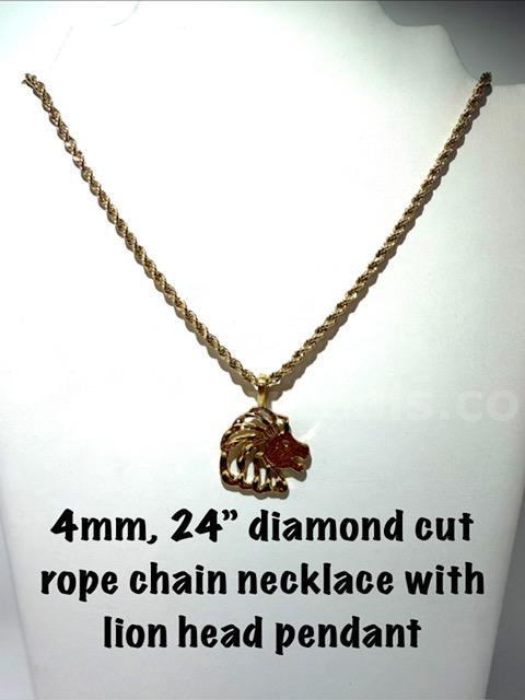 Gorgeous, 4MM, 24 Inch, Real 24k Gold Filled, Diamond Cut Rope Chain W/Lionhead Pendant