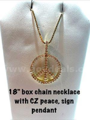Beautiful, Real 24k Gold Filled, 18 Inch, Box Chain Necklace, W/CZ, Peace Sign Pendant