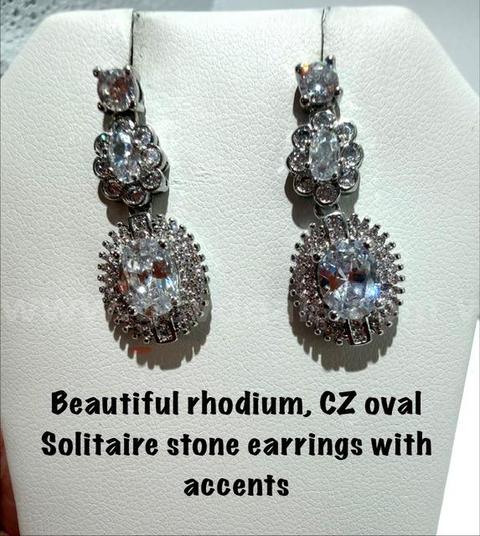 Beautiful, Rhodium Clad (Silver), CZ, Oval Solitaire Bridal Earrings, W/Accents