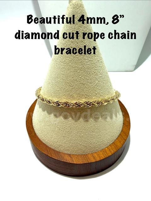 Gorgeous, 8 Inch, 4MM, Real 24k Gold Filled, Diamond Cut Rope Chain Bracelet