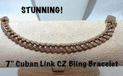 Gorgeous, 7 Inch, Real 24k Gold Filled, CZ, Bling Bling, Cuban Link Bracelet