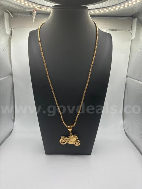 22β Box Chain Necklace W/ Motorcycle Pendant, 24K Gold Filled.