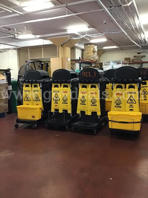 Lot of 5 Rubbermaid Janitorial Housekeeping Carts with wet floor signs