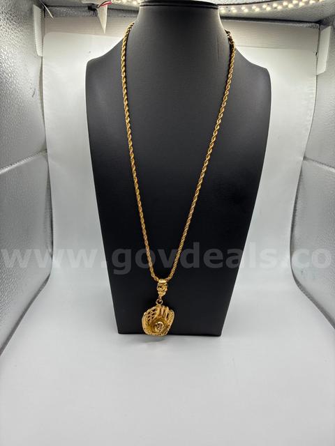 2MM, 22 Inch, Real 24k Gold Filled, Diamond Cut Rope Chain Necklace W/ Baseball Glove Pendant.