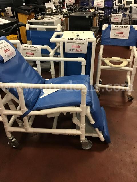 (3) Hospital PVC Shower Chair/ (1) PVC Linen Hamper/(1) PVC Reclining Chair with Elevated Leg Extension (400lb max)