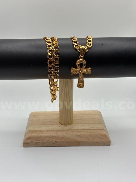 Stunning, 24”, Flat Curb Link Chain W/ Egyptian Ankh Cross, 24K Gold Filled.