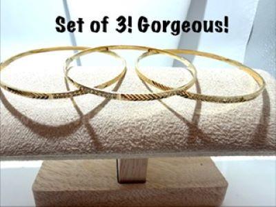 Set of (3), Size XL, Real 24k Gold Filled, Diamond Cut Bangle Bracelets